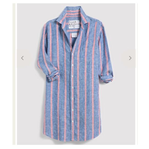 Frank & Eileen Mary Classic Shirtdress Italian Linen Red Navy Stripe Size Large - Picture 3 of 14
